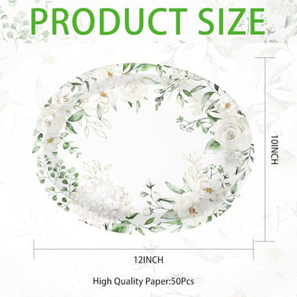50PCS White Floral Oval Paper Plates 10"X12" Eucalyptus Flower Plates Disposable Heavy Duty Green Leaves White Flowers Tablewre Spring Blossom Flowers Dinnerware for Wedding Birthday Bridal Shower - style: 50PCS White Floral Oval Plates
