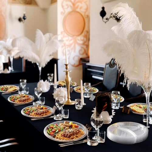 Umigy 100 Pcs 10 Inch 3 Compartments Divided Plastic Plates Bulk Colorful Disposable Heavy Duty Round Dinnerware for Party Valentine Wedding Birthday(Transparent) - color: Transparent
