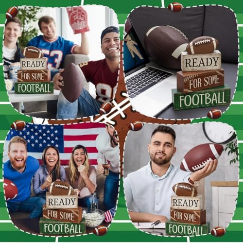 Yuntau 4pcs Football Christmas Table Decoration Happy Football Wooden Block Sign Rugby Tiered Tray Decor Centerpiece Decorative Faux Book Stack for Holiday Tabletop Fireplace Shelf Desk Party Decor - style: Classic Football