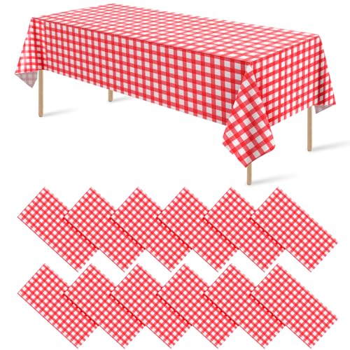 12 Pack Red and White Plastic Checkered Tablecloth, Premium Decorative Disposable Red Gingham Plaid Table Cloths for Parties, Rectangle Party Table Cover for Picnic Farm Birthday Wedding, 54x108 Inch - color: Red Checkered, size: 54"x108"-12 Pack