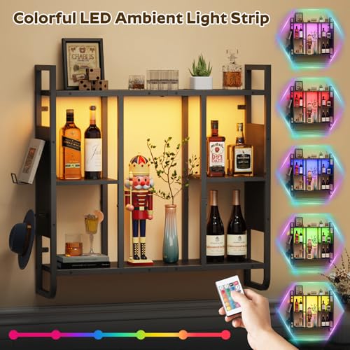 MAHANCRIS LED Gaming Floating Shelves, 3-Tier Wall Mounted Shelf for Wall Storage, Pipe Shelves Hanging Display Rack, with 2 Controller Hooks, for Gaming Room Decor, Kitchen, Home Bar Black FSHS142E01