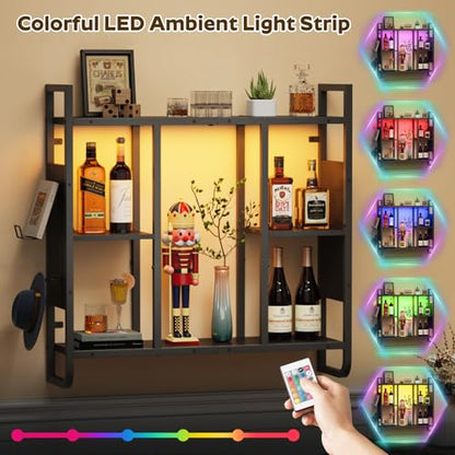 MAHANCRIS LED Gaming Floating Shelves, 3-Tier Wall Mounted Shelf for Wall Storage, Pipe Shelves Hanging Display Rack, with 2 Controller Hooks, for Gaming Room Decor, Kitchen, Home Bar Black FSHS142E01