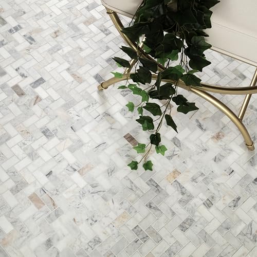 MSI Arabescato Venato White 1 in. x 2 in. Herringbone Honed Marble Mesh Mounted Mosaic Tile for Bathroom, Kitchen Backsplash, Accent Wall Tile, and Shower Wall Tile - color: Arabescato White, size: CASE