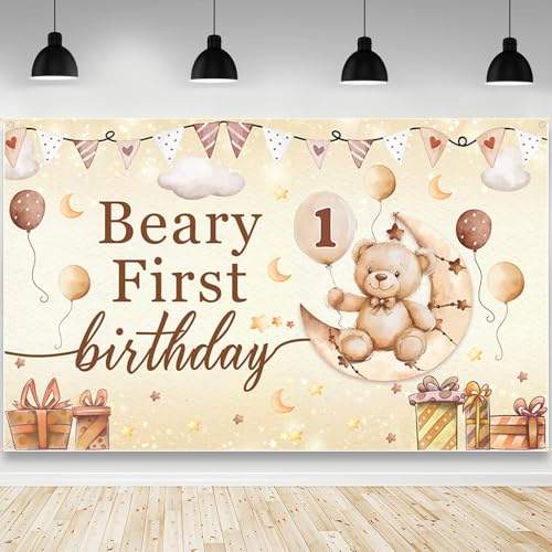 AIBIIN Beary First Birthday Decorations Backdrop 1st Birthday Party Decorations for Boy Photography Background Brown Ballon Beary Party Banner Photo Booth Props Supplies 7x5ft - color: Brown, size: 7x5ft