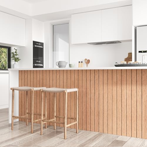 VEELIKE 30''x118'' Cherry Wood Wall Panels Peel and Stick Slat Wood Panel Vinyl Roll for Living Room Bedroom Farmhouse Self Adhesive Removable Slat Wall Paper for Accent Walls TV Background Ceiling - size: 30" x 118"