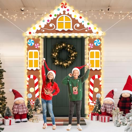Christmas Gingerbread Party Porch Banner Classroom Christmas Party Door Decor Gingerbread Man House Door Cover with LED Light Xmas Porch Signs Winter Hanging Backdrop for Holiday Photo Prop Supplies