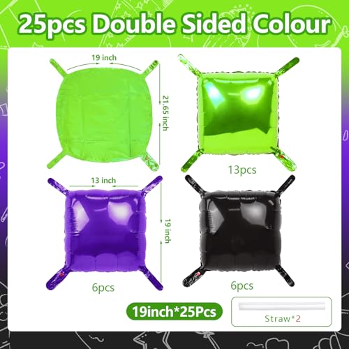 NISOCY 25PCS Green Purple Black Square Foil Balloons Wall Backdrop Metallic Double Sided Light Green Purple Black Balloons Tunnel Arch Kit for Halloween Birthday Graduation New Year Party Decorations - color: G02 - Light Green Purple Black, size: 25PCS