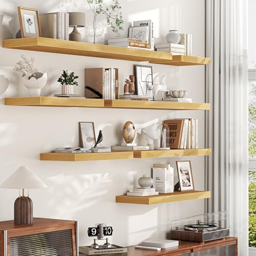 Oak Floating Shelves for Wall, 55 Inch Floating Shelves Set of 1, Wall Mounted Rustic Wood Shelf for Bathroom, Living Room, Bedroom and Kitchen, Hanging Shelf for Storage, Books, Home Decor - color: Oak, size: 55 Inch, Set of 1