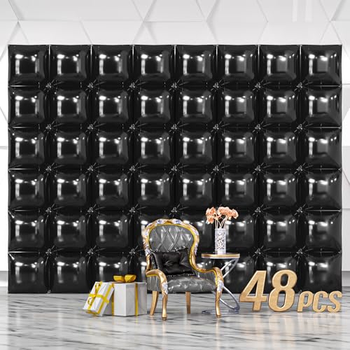 NISOCY 48PCS Black Square Foil Balloons Wall Backdrop Metallic Double Sided Black Balloon Tunnel Arch Kit for New Year Birthday Baby Shower Graduation Party Decorations - color: A04 - Black, size: 48PCS