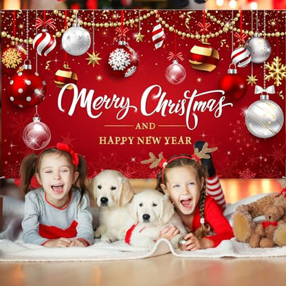 Irenare Christmas Backdrop Merry Christmas Banner Party Decoration Xmas Photography Background Photo Props for Winter Holiday New Year Eve Family Party Decoration Supplies(Ball) - style: Ball