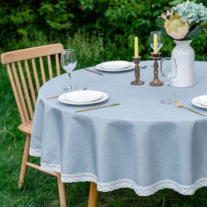 EHouseHome Faux Linen Tablecloth with Lace Trim - Waterproof/Spill Proof/Stain Resistant/Wrinkle Free/Oil Proof - for Banquet, Parties, Dinner,Wedding,Holiday,Blue Fog,Round 70Inch - color: Blue Fog, size: 70" (Round)
