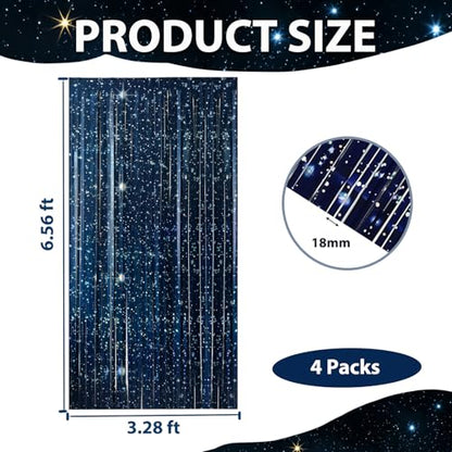 OQOQ Galaxy Foil Curtain Backdrop(4 Packs),3.3x6.6Ft Starry Night Backdrops Space Themed Party Decorations Tinsel Foil Fringe Curtains Photo Booth Props Twinkle Star Birthday Party Decoration
