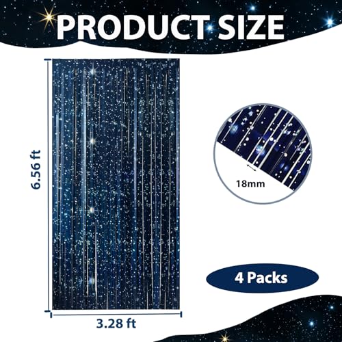 OQOQ Galaxy Foil Curtain Backdrop(4 Packs),3.3x6.6Ft Starry Night Backdrops Space Themed Party Decorations Tinsel Foil Fringe Curtains Photo Booth Props Twinkle Star Birthday Party Decoration