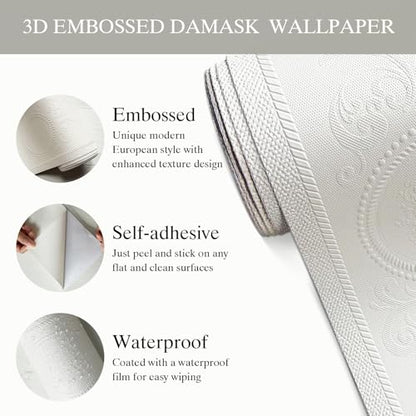 JiffDiff Wallpaper Peel and Stick Textured,3D Embossed Wall Paper Stick on Wallpaper Modern Waterproof Self Adhesive Contact Paper(17.3" x 400") - color: White, size: 17.3" x 400"
