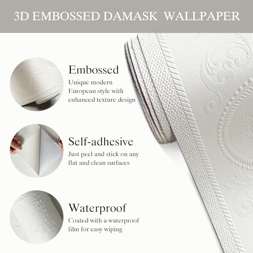 JiffDiff Wallpaper Peel and Stick Textured,3D Embossed Wall Paper Stick on Wallpaper Modern Waterproof Self Adhesive Contact Paper(17.3" x 1200",White) - color: White, size: 17.3" x 1200"