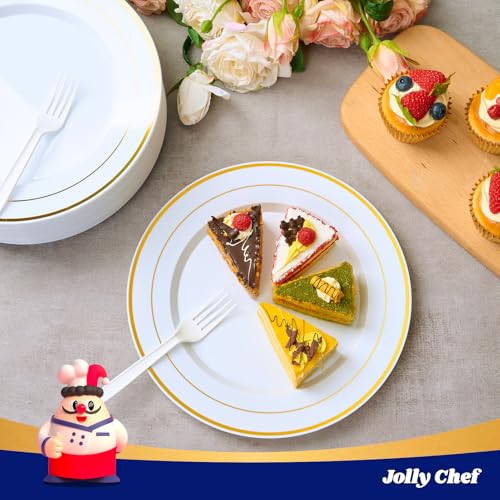 JOLLY CHEF 200 Pieces Gold Plastic Plates, 10 Inch Elegan Disposable Plates White Plate with Gold Rim,Plastic Plates for Christmas、Birthdays and Weddings - style: Gold-200