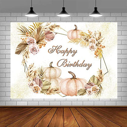 SENDY 7x5ft Boho Happy Birthday Backdrop for Girls Women Autumn Pumpkin Flowers Pampas Grass Photography Background Birthday Party Decorations Banner Photo Booth Props
