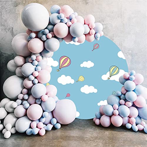 Cartoon Hot Air Balloon Round Backdrop Cover 7.5x7.5ft Polyester Blue Sky White Clouds Photography Background Air Adventure Newborn Baby Shower Kids 1st Birthday Party Cake Table Studio Props - color: Blue02, size: 7.5x7.5ft-Diameter