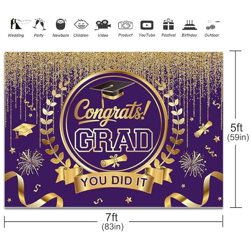 Graduation Backdrop Congrats Grad You Did It Party Decorations Background Congratulations Graduate Class of 2026 Banner Photo Booth Props (Purple and Gold, 7x5ft) - color: Purple and Gold