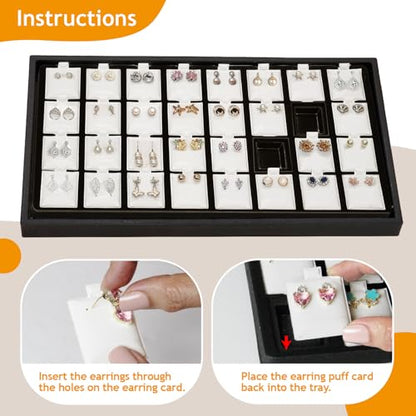 Ikee Design 2 Pcs Set Black Earring Display Tray with 32 Earring Cards Organizer, Jewelry Tray Display for Stud Earring Collection, 100pcs Earring Puffy Cards, 14 3/4W x 8 1/4D x 1H in, White, Black - color: Large Earring Card