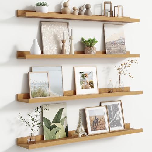 FLYJOE Floating Picture Ledge Shelves for Wall Set of 4, 36 Inch Wall Shelves with Lip Long Large Nursery Book Shelf for Toys Storage Kids Bookshelf Wall Mounted Living Room Bedroom Decor Frames - color: Oak, size: 36'', Set of 4