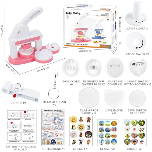 Yallmie Button Maker Machine, Pin Maker Machine Sturdy Button Press Kit, Pin Badge Maker Machine with 24 Pcs Badge, 6 Refrigerator Stickers, Cutter, Ideal DIY Kit (B Type) - color: Pink