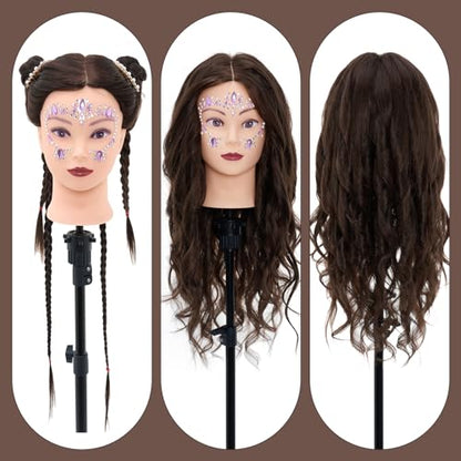 28" Mannequin Head with 80% Real Hair,Cosmetology Manikin Practice Doll Head,Braiding Head with Tripod Stand with Table Clamp + DIY Hair Styling Set #4 - color: Drak Brown#4