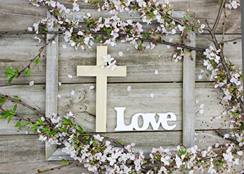 BELECO 7x5ft Fabric Rustic Wooden Board Wood Cross Backdrop Spring Cherry Blossoms Flowers Love Jesus Backdrop Easter Jesus Background Christian Church Event Party Decor Easter Kids Photo Studio Props - size: 7x5FT