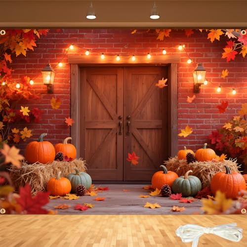 10x6.5FT Extra Large Fall Autumn Backdrop - Fall Photography Background with Pumpkins, Maple Leaves & Barn Wood (19.68FT Ribbon) - Thanksgiving, Friendsgiving, Harvest Party Decor, Photo Booth Props - color: Autumn Backdrop, size: 10x6.5FT