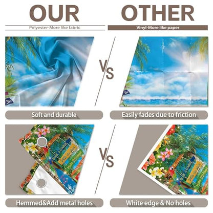 12x8ft Summer Hawaiian Beach Photography Backdrop Tropical Flower Palm Leaves Surfboard Background for Luau Aloha Party Decoration Banner Photo Booth - size: 12x8ft