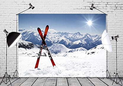 BELECO 7x5ft Fabric Winter Ski Backdrop Snowy Mountain Snowboard Skiing Backdrop Alps Mountain Summit Ski Sport Adventure Background Ski Party Decorations Portrait Photo Shoot Studio Props - size: 7x5FT