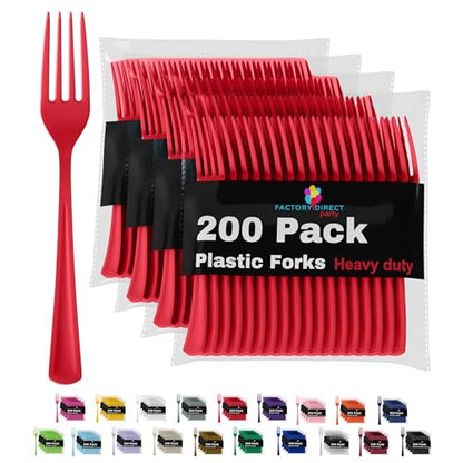 Party Solids Red Plastic Forks 200 Pieces Red Forks Disposable Utensils Heavy Duty Plastic Cutlery Set Disposable Cutlery Sets Flatware Sets Silverware Set Party Supplies & Party Tableware - color: Red