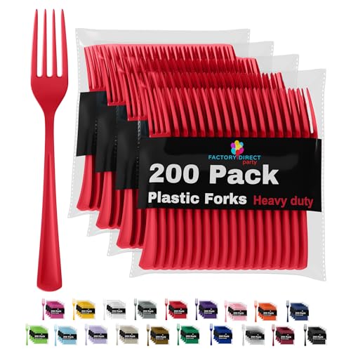 Party Solids Red Plastic Forks 200 Pieces Red Forks Disposable Utensils Heavy Duty Plastic Cutlery Set Disposable Cutlery Sets Flatware Sets Silverware Set Party Supplies & Party Tableware - color: Red