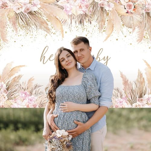 Mocsicka 7x5ft Boho Baby Shower Backdrop Hello Baby Boy Girl Shower Backdrop Decorations Party Banner Pampas Grass Boho Chic Pink Flowers Background Decorations Photo Booth Props - size: 7x5ft