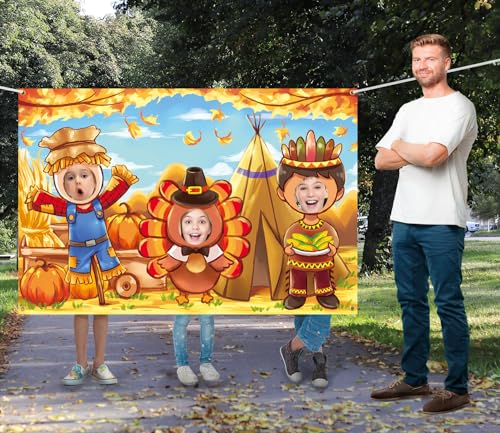 Thanksgiving Face in Hole Backdrop 5 x 3.3 ft, Scarecrow Turkey Indian Face Cutout Photo Props, Friendsgiving Party Photography Background, Fall Festival Turkey Day Decoration Kids Photo Booth Props