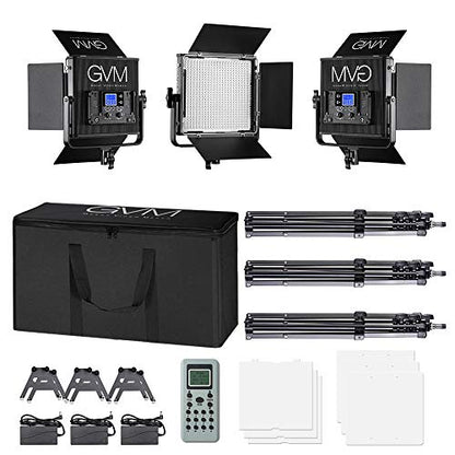 LED Video Light GVM 672S CRI97+ TLCI97+ 22000lux Dimmable Bi-color 3200K-5600K Light Panel With Digital Display For Outdoor Interview Studio Video Making Photography Lighting 3 pcs Kit