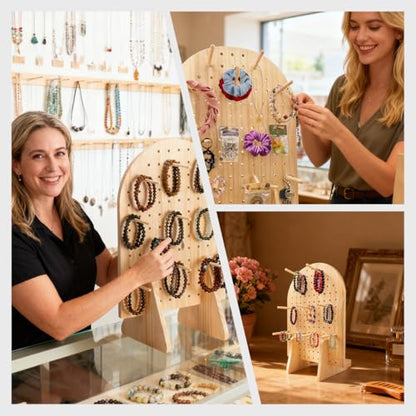 2 Pcs Wooden Pegboard Display Stand for Jewelry Keychains 25 Dowel Rods Accessories Rack, Earrings Organizer with Oval Pegboard Design for Craft Shows,Boutique Retail,Vendor Displays