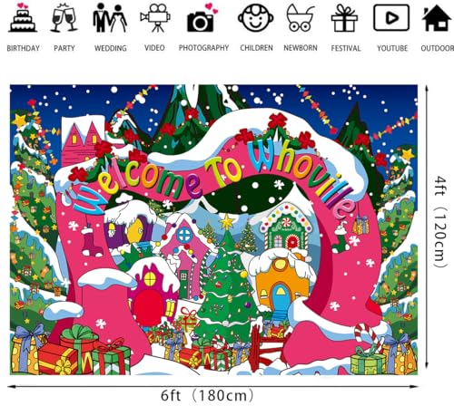 Welcome to Whoville Backdrop Winter Christmas Village Photography Background for Kids First Birthday Baby Shower Happy New Year Xmas Holiday Party Decoration Supplies Photo Props (6x4FT) - size: 6x4FT