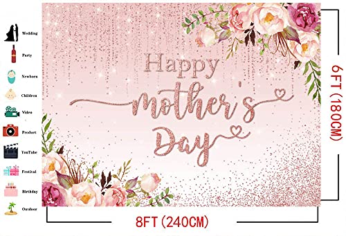 Mocsicka Happy Mother's Day Backdrop Floral Golden Dots Mothers Day Birthday Photography Background for Women Vinyl Thanks Mother's Day Photo Booth Props (8x6ft) - size: 8x6ft