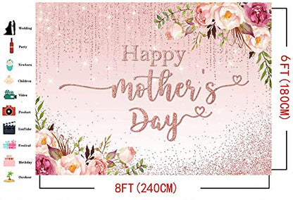 Mocsicka Happy Mother's Day Backdrop Floral Golden Dots Mothers Day Birthday Photography Background for Women Vinyl Thanks Mother's Day Photo Booth Props (8x6ft) - size: 8x6ft
