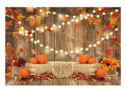 Funnytree 7x5FT Fall Pumpkin Photography Backdrop Autumn Thanksgiving Harvest Hay Leaves Wooden Background Sunflower Maple Baby Shower Banner Decoration Party Supplies Photo Booth Prop - size: 7'x5'