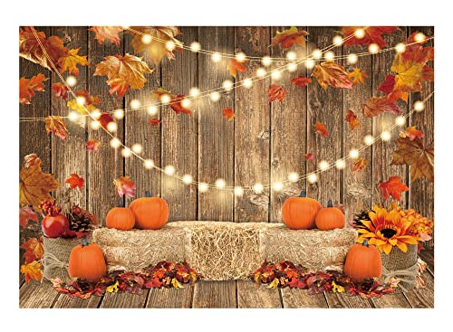 Funnytree 7x5FT Fall Pumpkin Photography Backdrop Autumn Thanksgiving Harvest Hay Leaves Wooden Background Sunflower Maple Baby Shower Banner Decoration Party Supplies Photo Booth Prop - size: 7'x5'