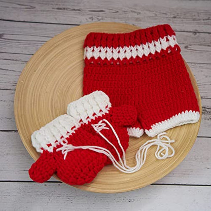 Newborn Photography Props Boys Girls Outfits Baby Photo Props Crochet Knitted Boxing Champion Gloves & Pants - color: Red
