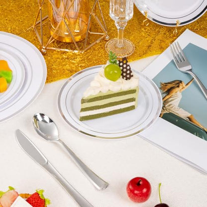BESTSTAR 7 Inch White Plastic Plates,100PCS Disposable Dessert/Appetizer/Small Cake Plates with Silver Rim,Heavy Duty Plate Ideal for Wedding and Birthday - color: White Silver, size: 7 inch