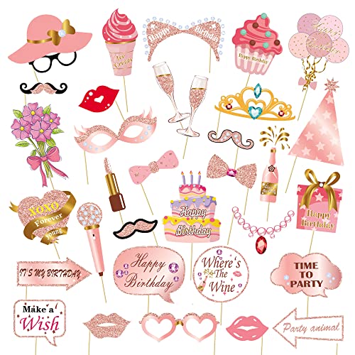 Birthday Decorations, Tumwisk 33PCS Birthday Photo Booth Props, Rose Gold Happy Party Decorations for Women, Glitter Selfie Props for Girls (All Ages) - color: All Ages