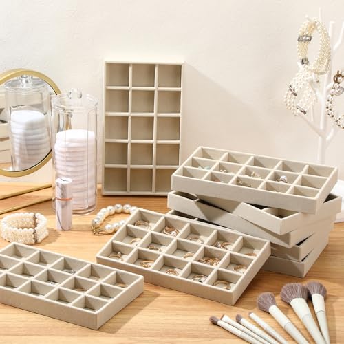 Highergo 8 Pcs Velvet Jewelry Trays Stackable Drawers Organizer Ring Earring Bracelet Necklace Storage Trays, 8.3x4.7x1''(15 Grids) - style: 15 Grids