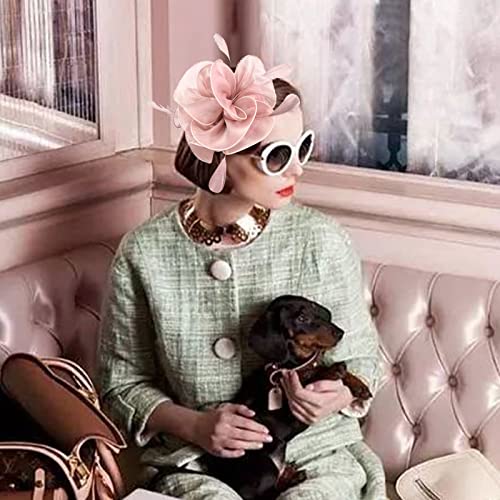 Fascinators Hats with Gloves Set for Women 20s 50s Cocktail Tea Party Wedding Costume Headwear - color: A-pink