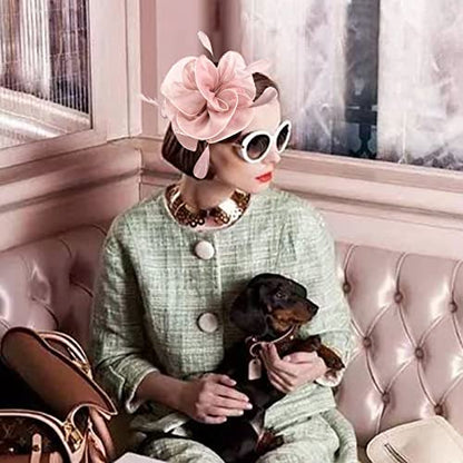 Fascinators Hats with Gloves Set for Women 20s 50s Cocktail Tea Party Wedding Costume Headwear - color: A-pink