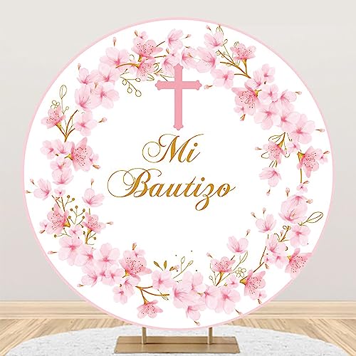 AOFOTO 6.5x6.5ft Mi Bautizo Round Backdrop Pink Floral Blossom Cross God Bless Girls First Holy Communion Christening Circle Photography Background Mexican Baptism Newborn Baby Shower Party Decor - color: Pink, size: 6.5x6.5ft