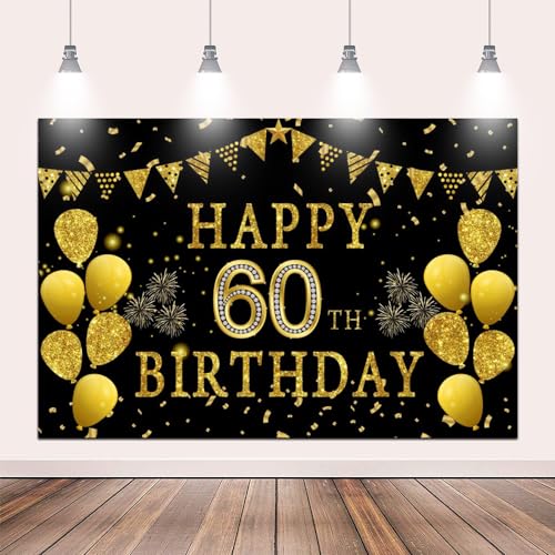 5x3ft Happy 60th Birthday Party Photography Backdrop, Glitter Black and Gold Balloons Background for Woman Man Fabulous 60 Bday Shining Diamond Sixty Years Old Birthday Party Supplies - color: 60th, size: 5x3ft
